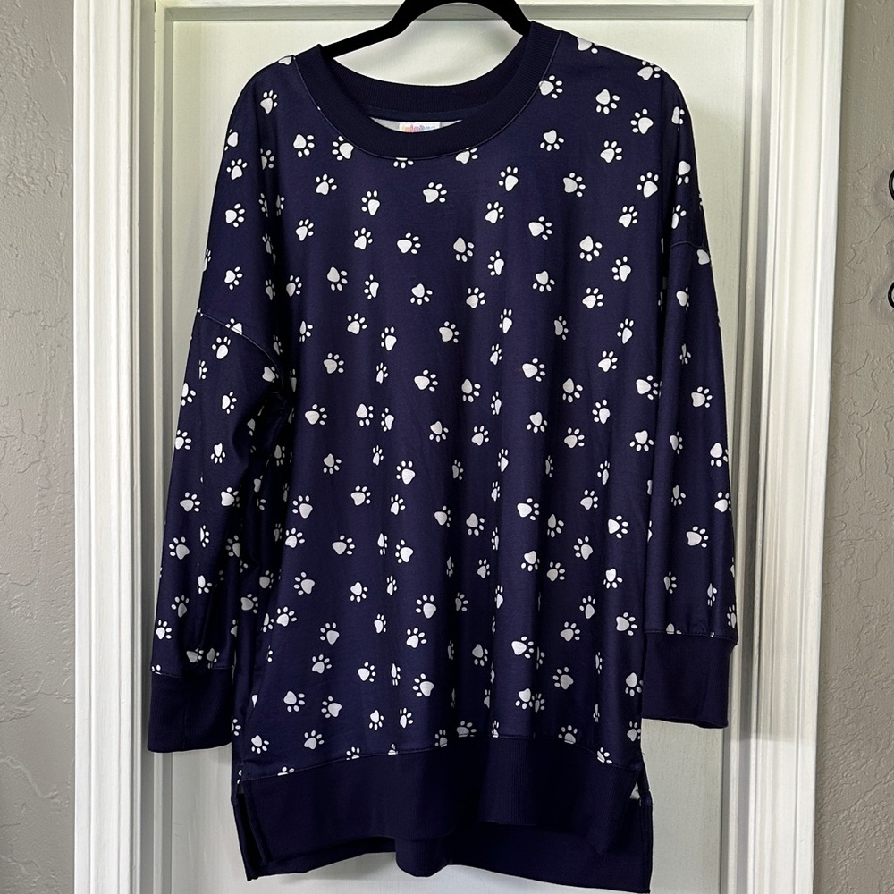 LuLaRoe Navy Crewneck Sweater with White Paw Print Pattern